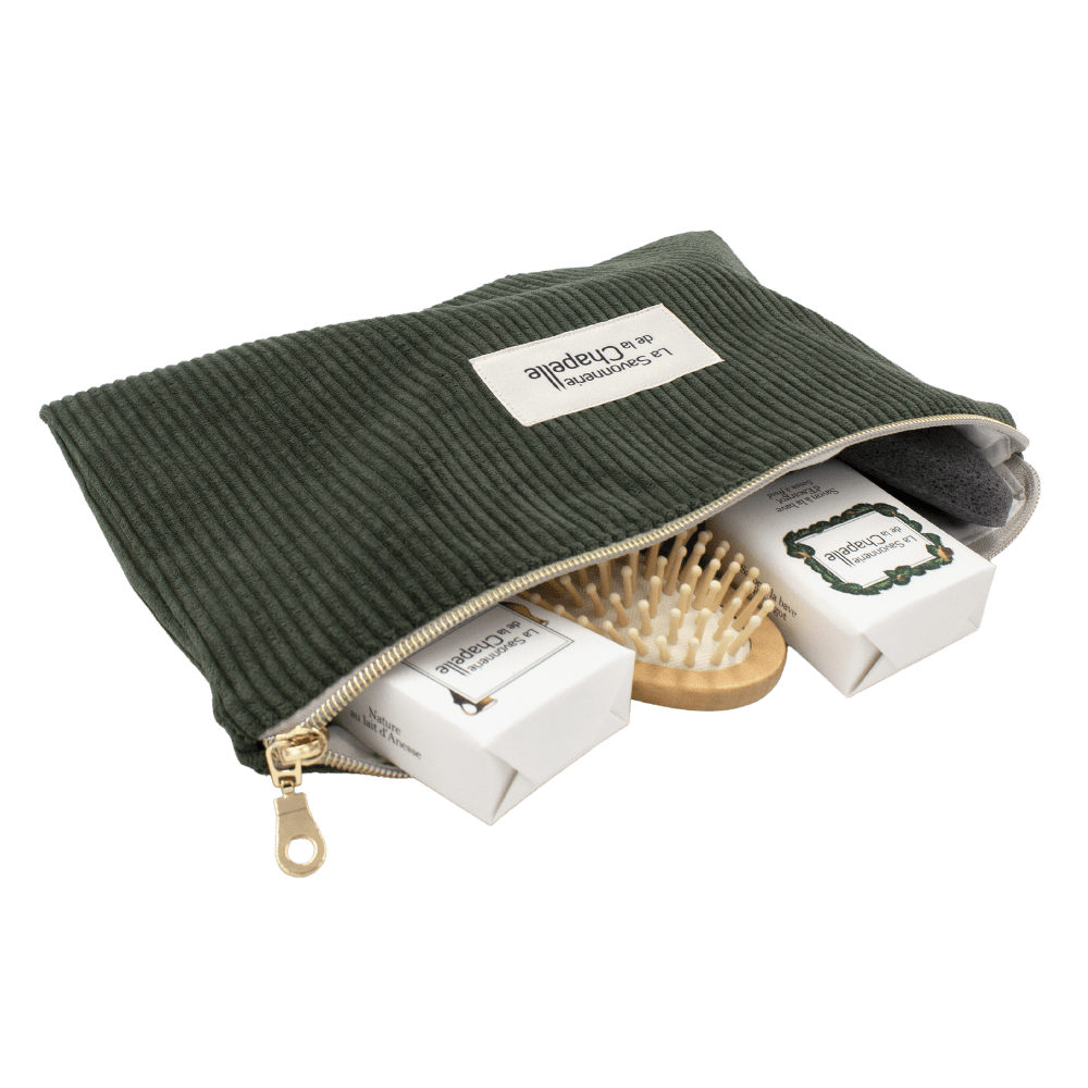Trousse de toilette en velours côtelé vert – Image 3